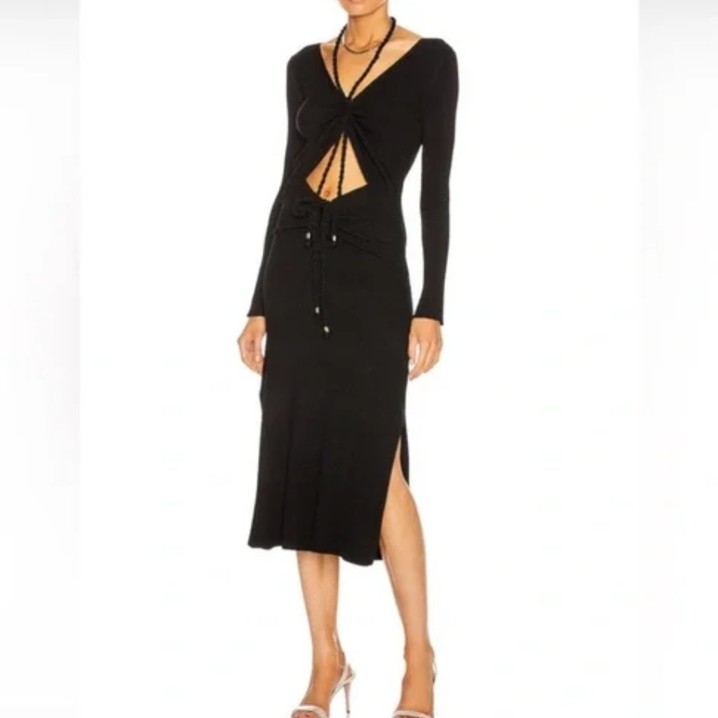 Nicholas Luisa Knit Sheath Luxe Dress In Black W/ Cutout Ruching Midi Med Lbd